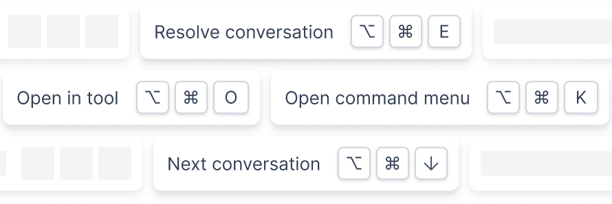 Asset showing the Spoke.ai keyboard shortcuts, giving users the ability to e.g. resolve conversations or open a third-party tool via their keyboard.