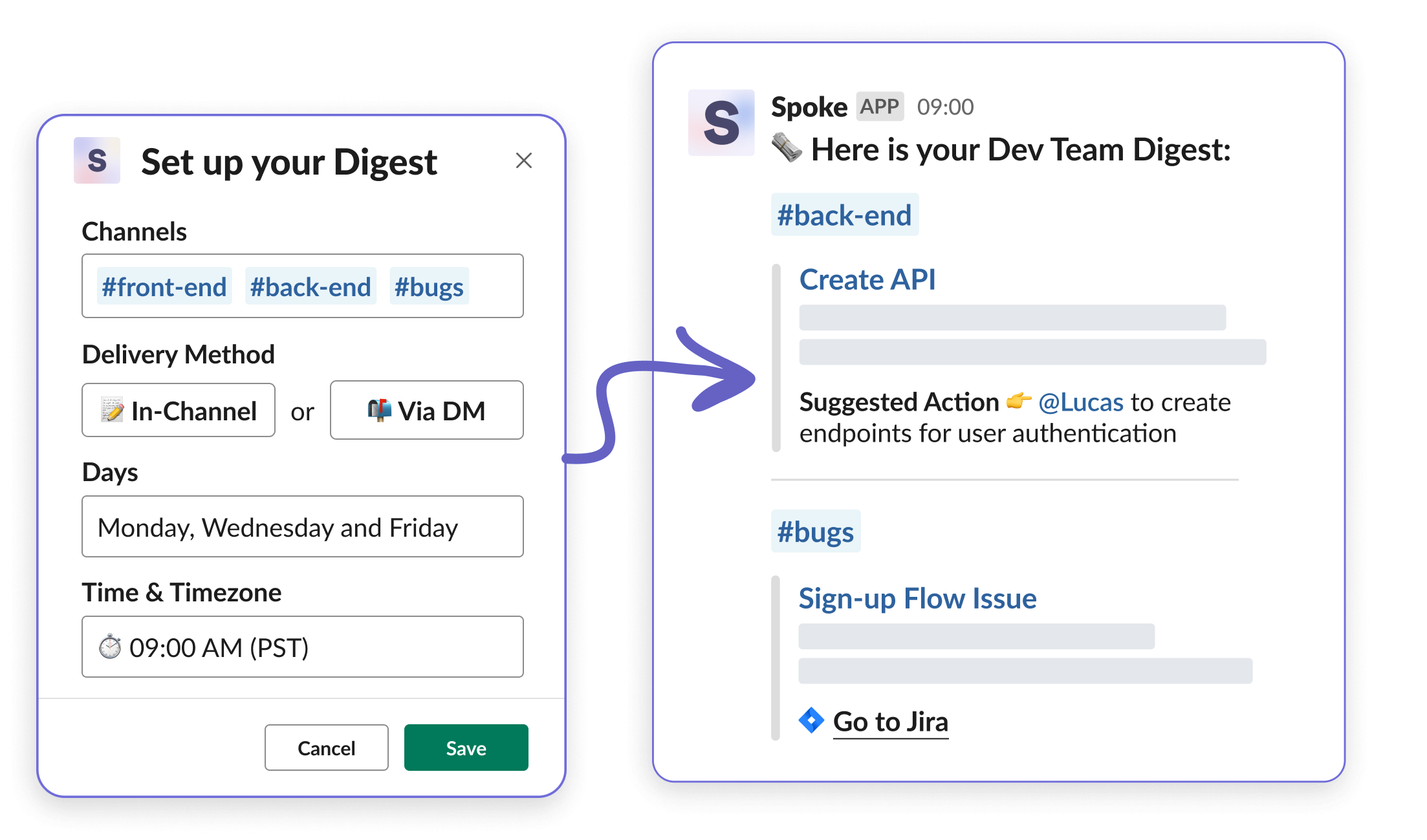 Asset showing how to set up a customized digest in the Spoke App for Slack along with an example digest with personalized action items.