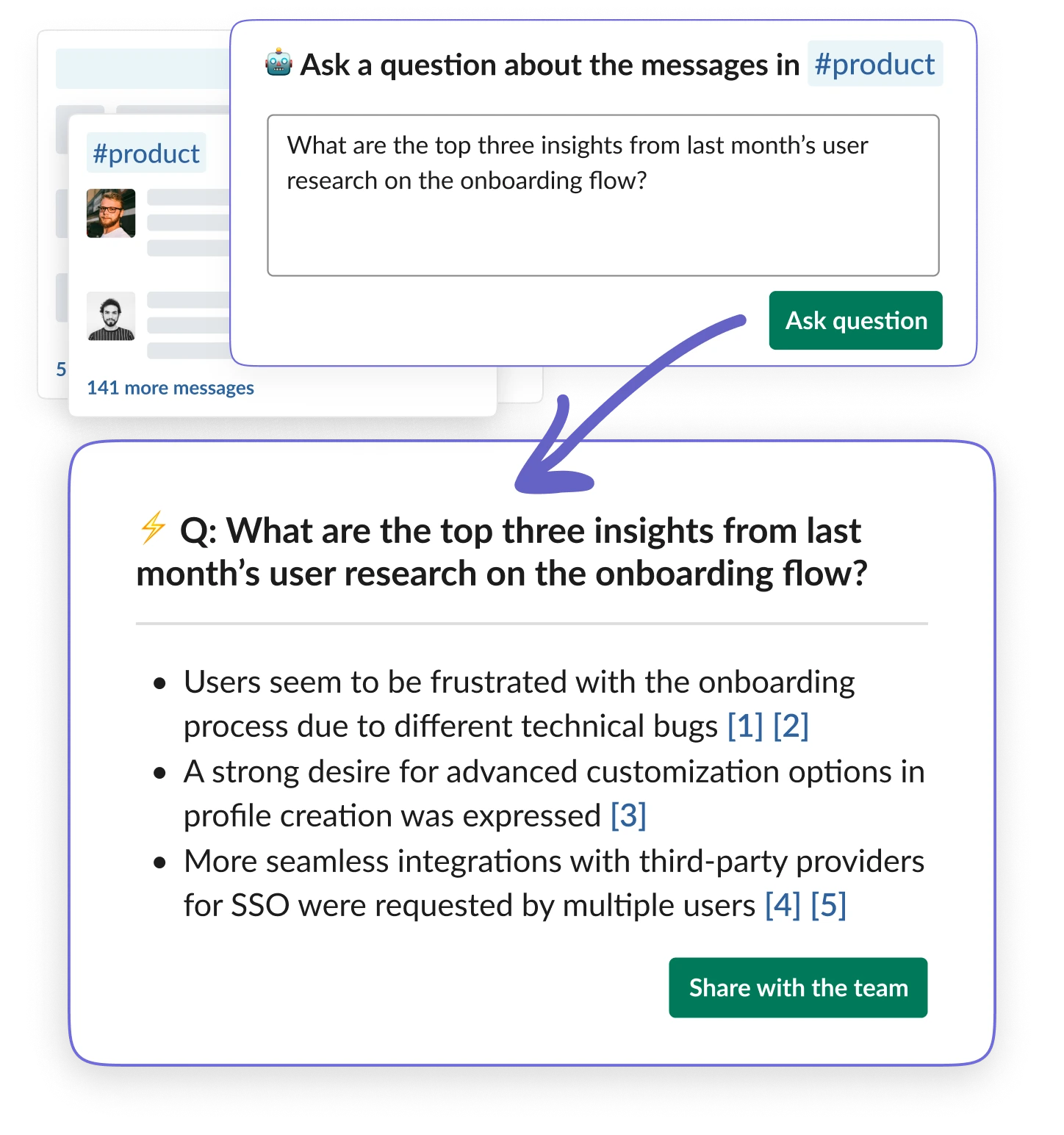 Asset show how the Asset showcasing the Spoke.ai App for Slack channel assistants feature, allowing you to analyze historical channel data and ask follow-up questions based on this.