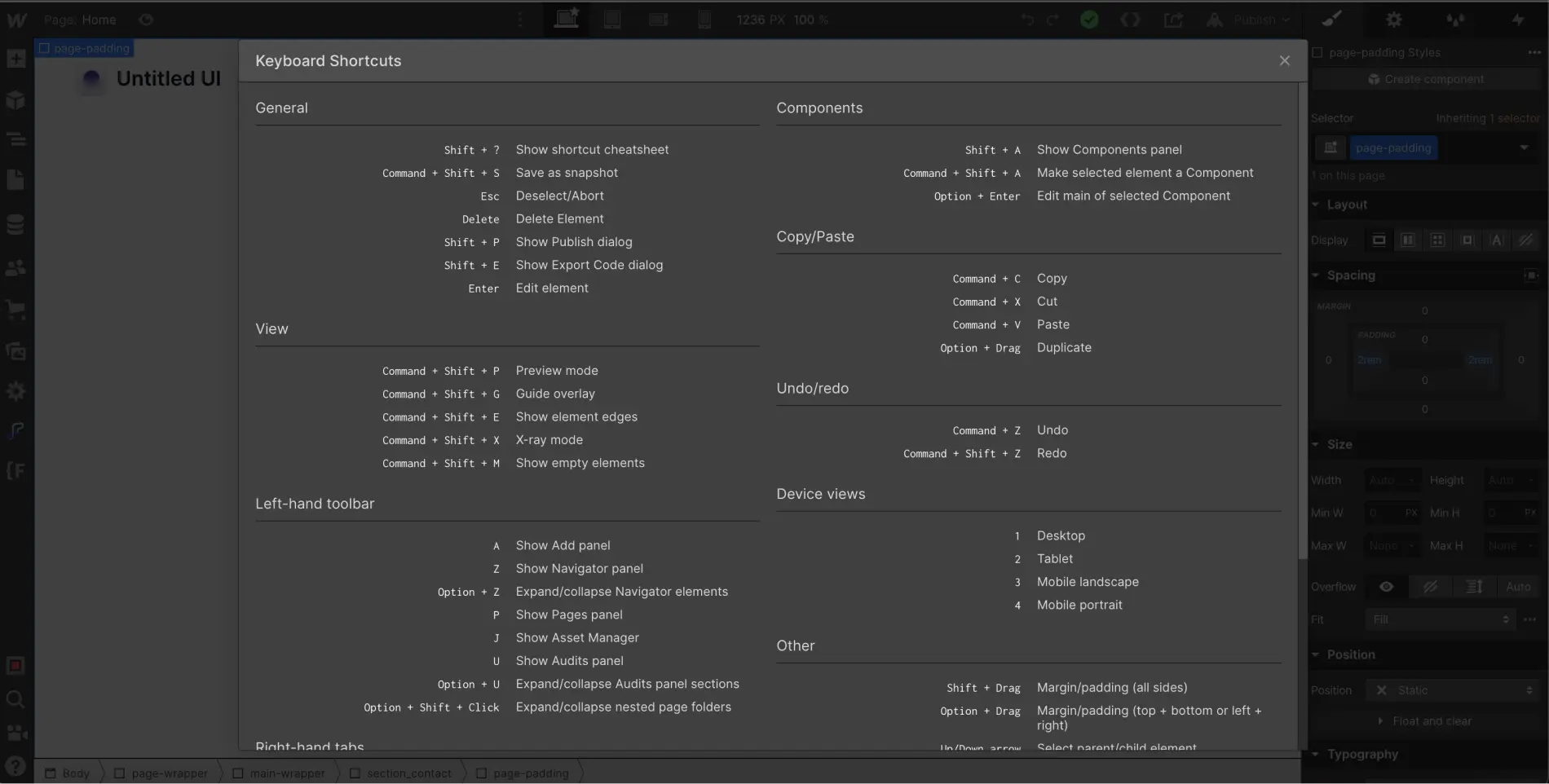 Liste des raccourcis clavier de Webflow