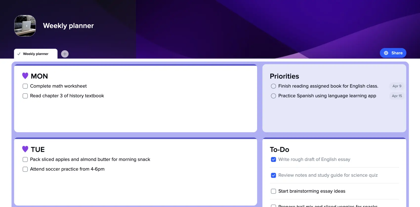 Weekly Planner Simple Template online for free | xTiles
