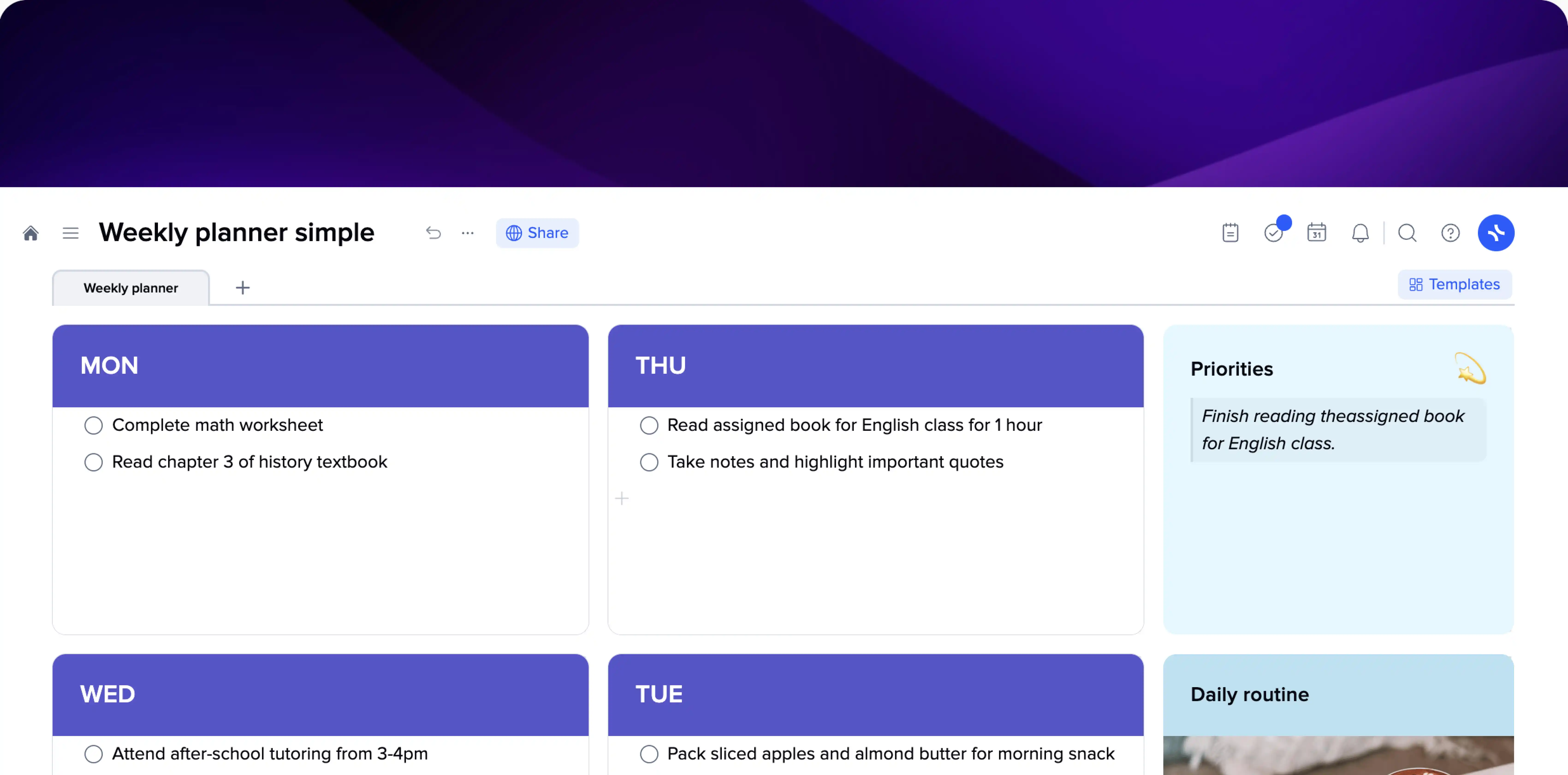 Weekly Planner Simple Template online for free | xTiles