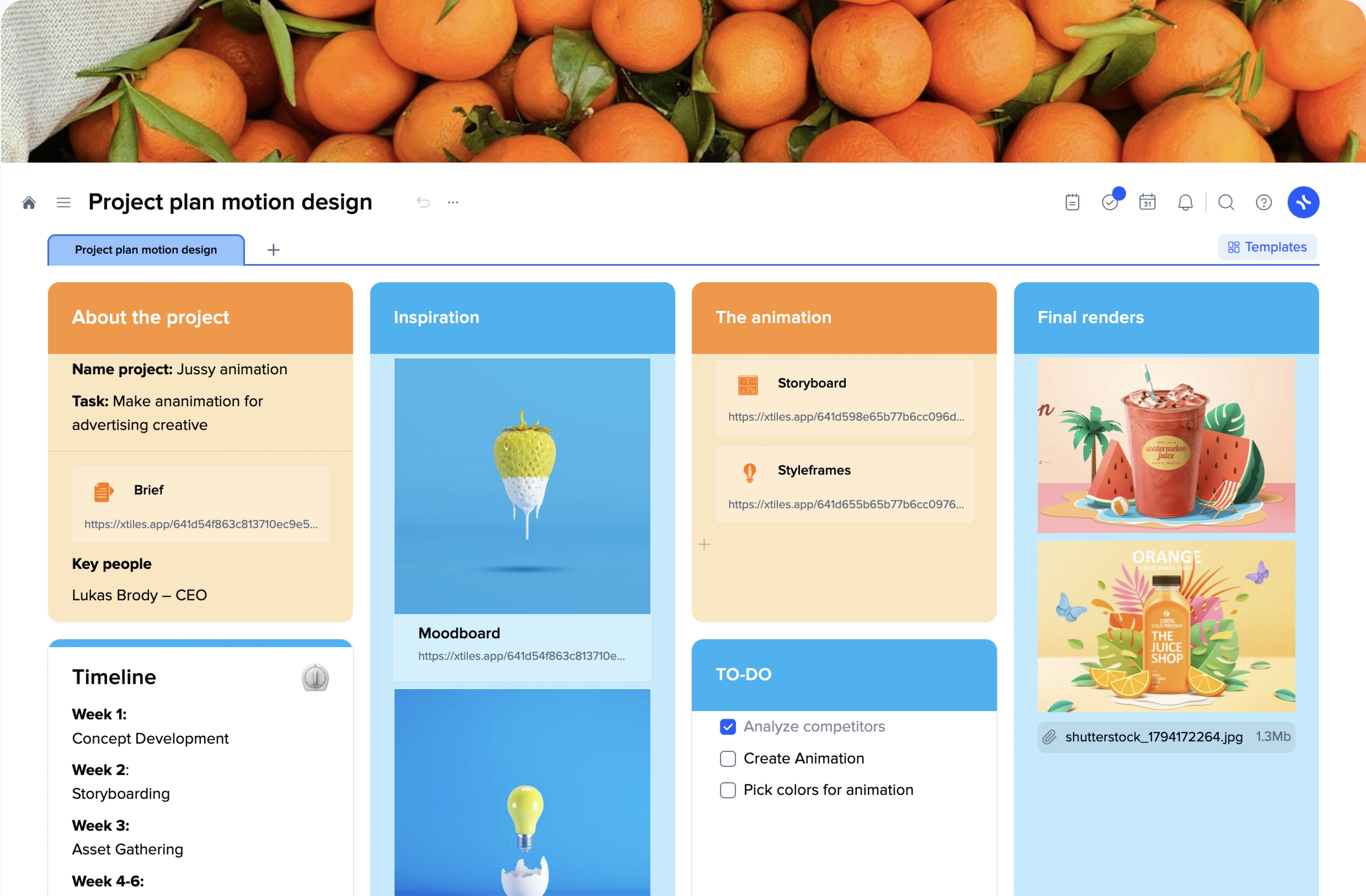 Free Project Plan Template for Motion Design online | xTiles