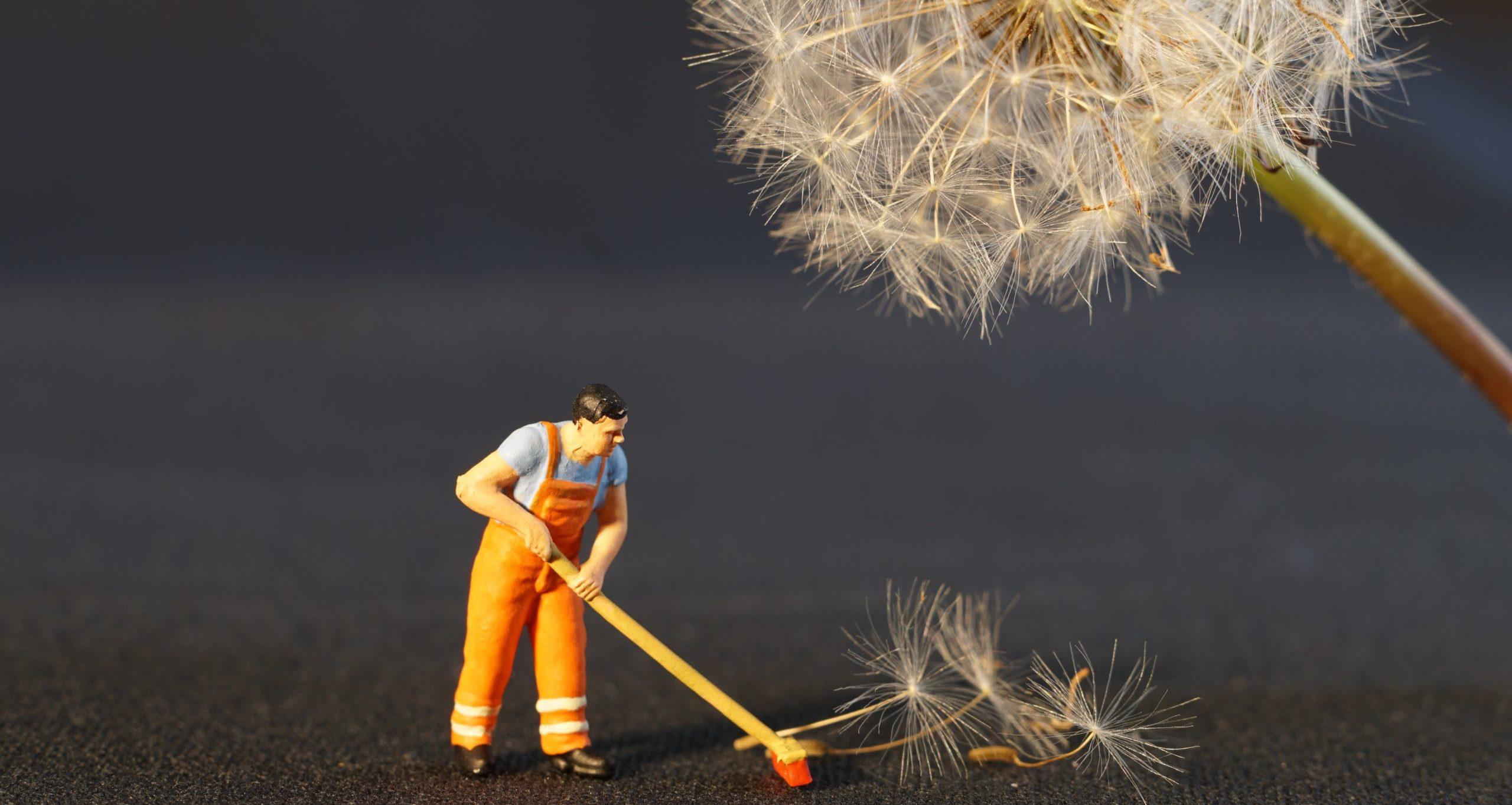 Small toy figure sweeping a real dandelion