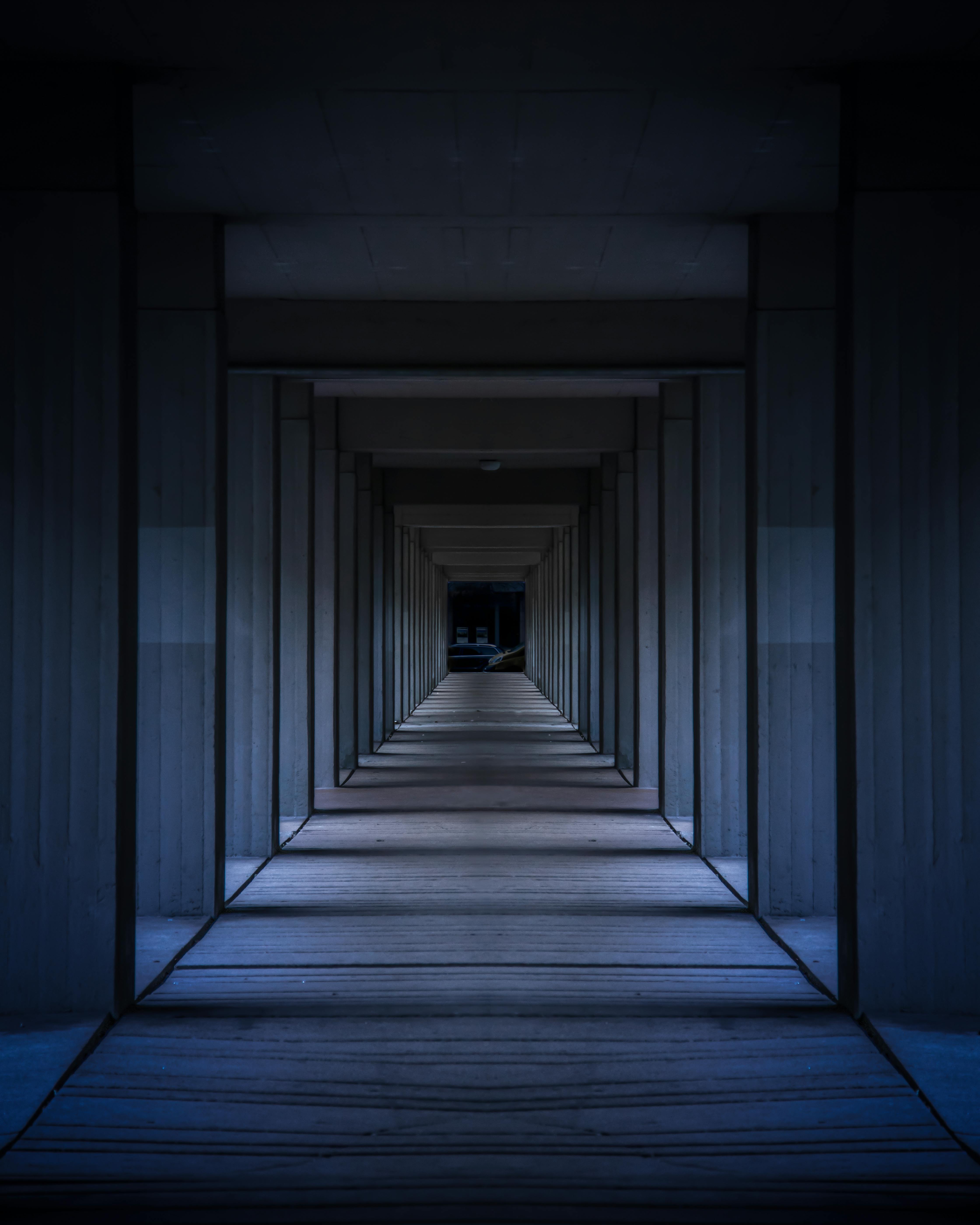 Hallway with many columns opening up 