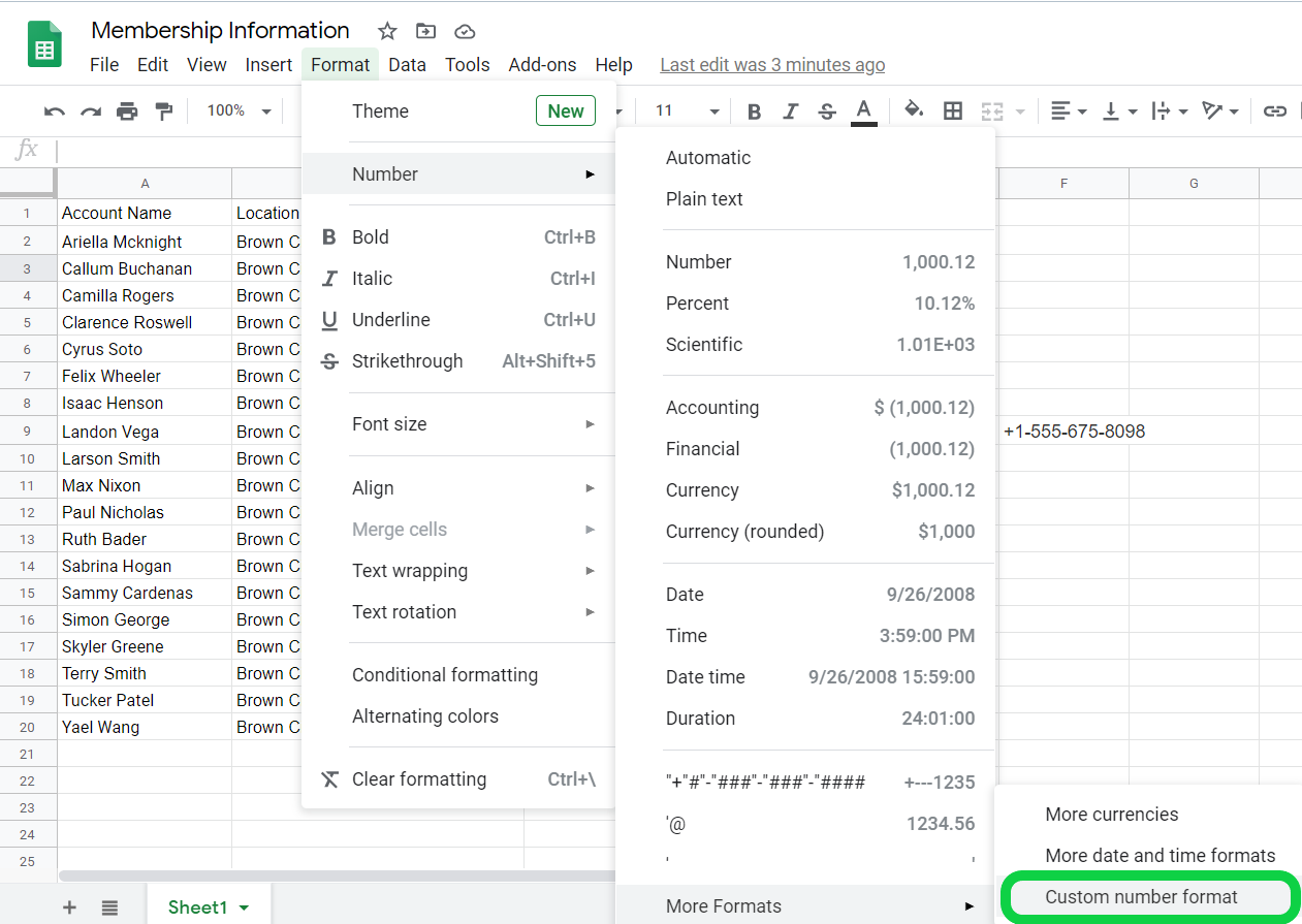 Click Format, then Number, then More formats, then Custom number format highlighted