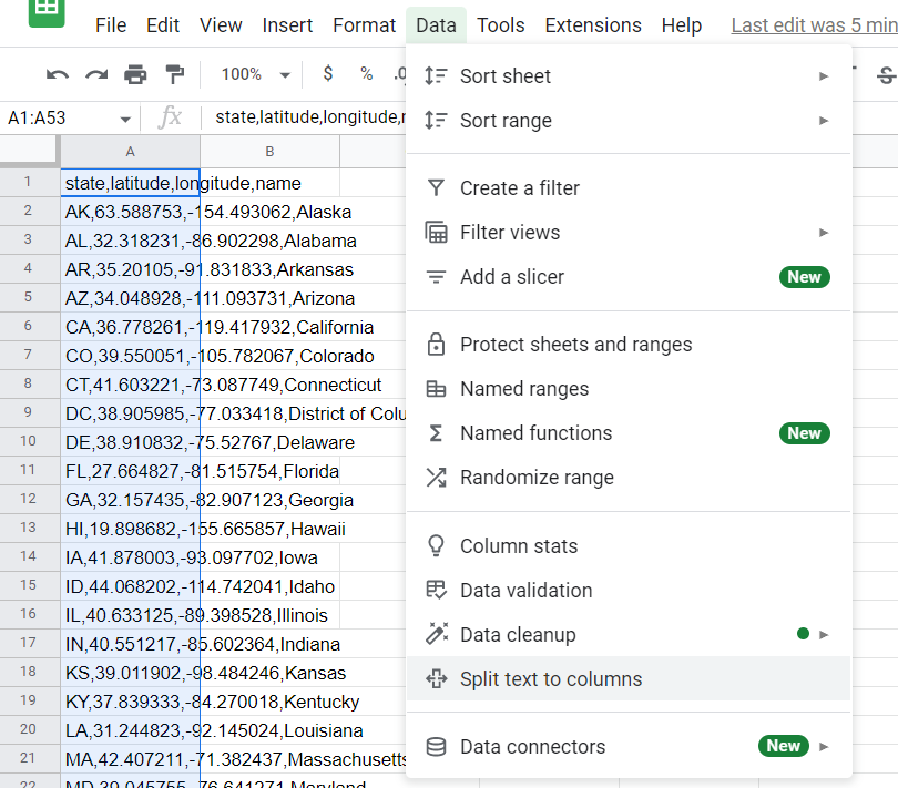 how to split text in google sheets, click data, select split text to columns