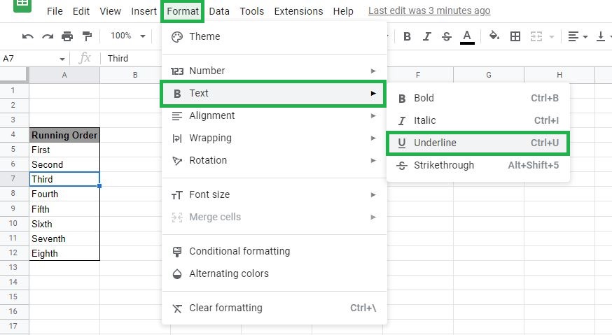 Underline in Google Sheets  