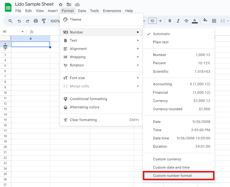 google sheets custom number format millions