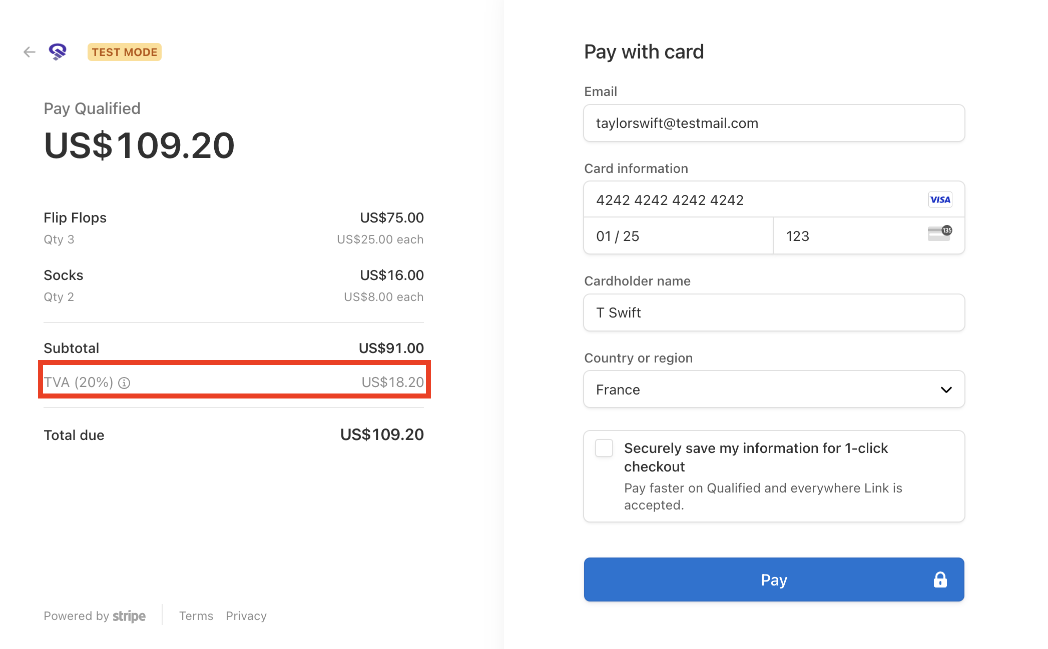Sales tax on French customer with Stripe Tax