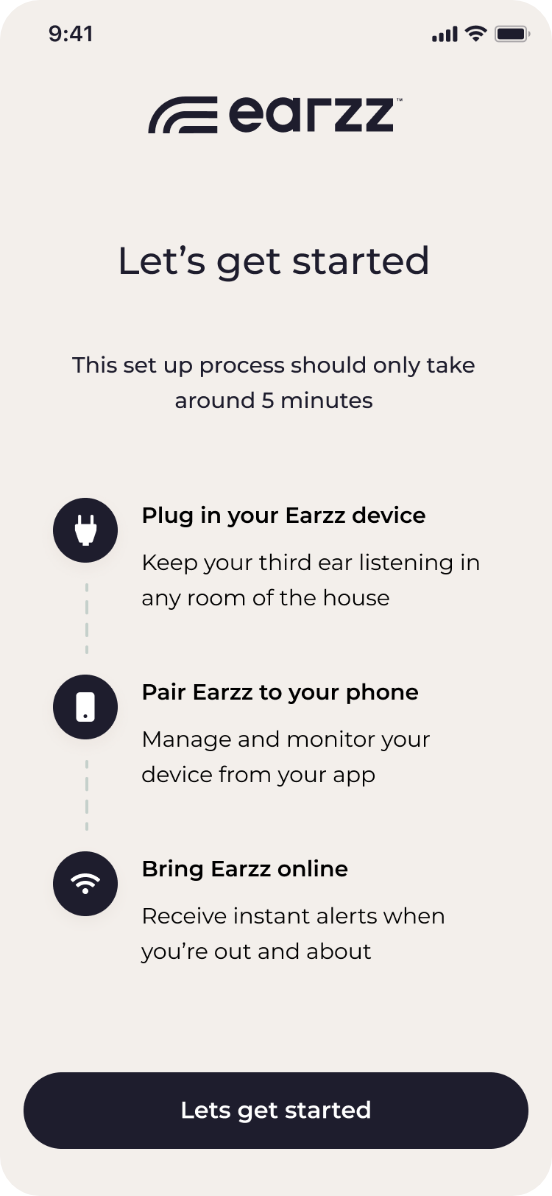 Earzz mobile app setup screen