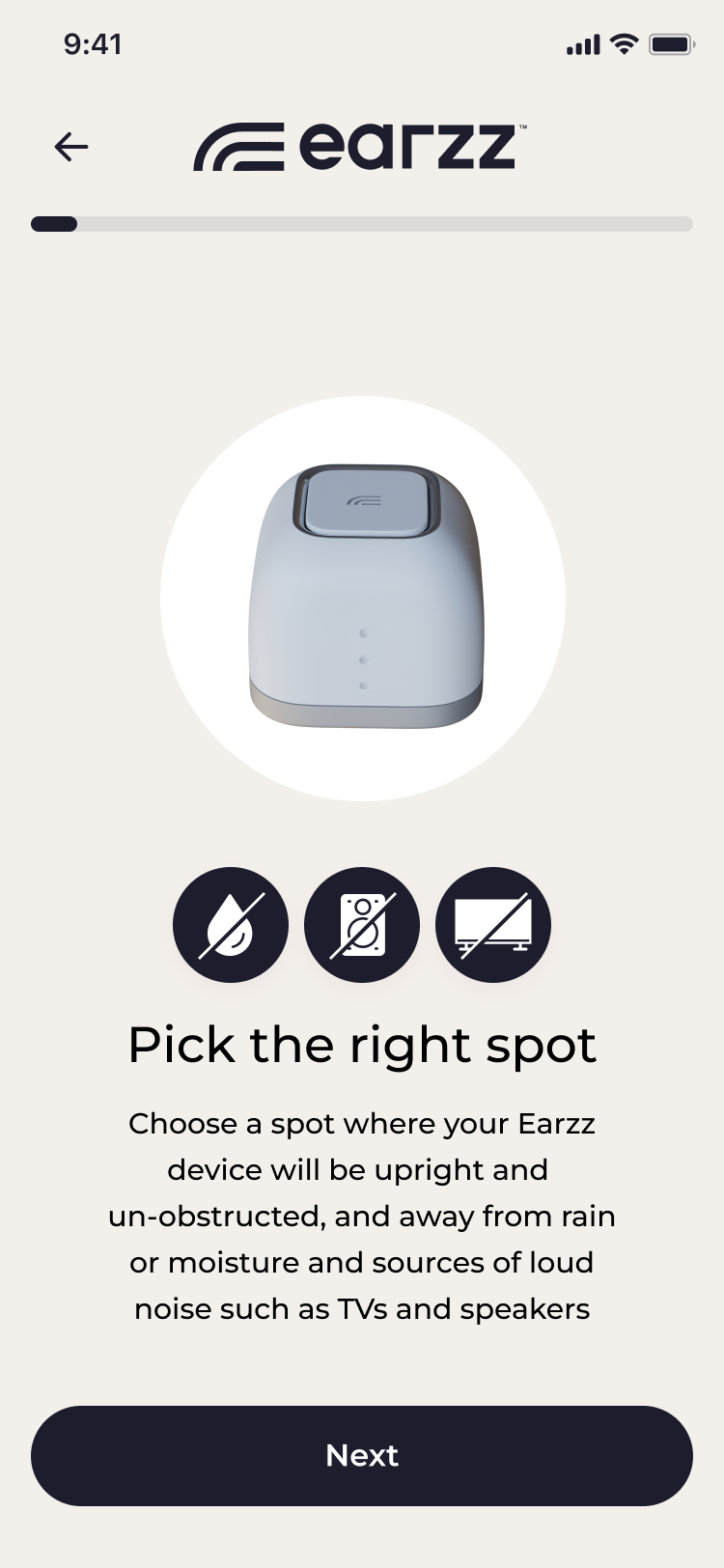 Earzz mobile app setup screen