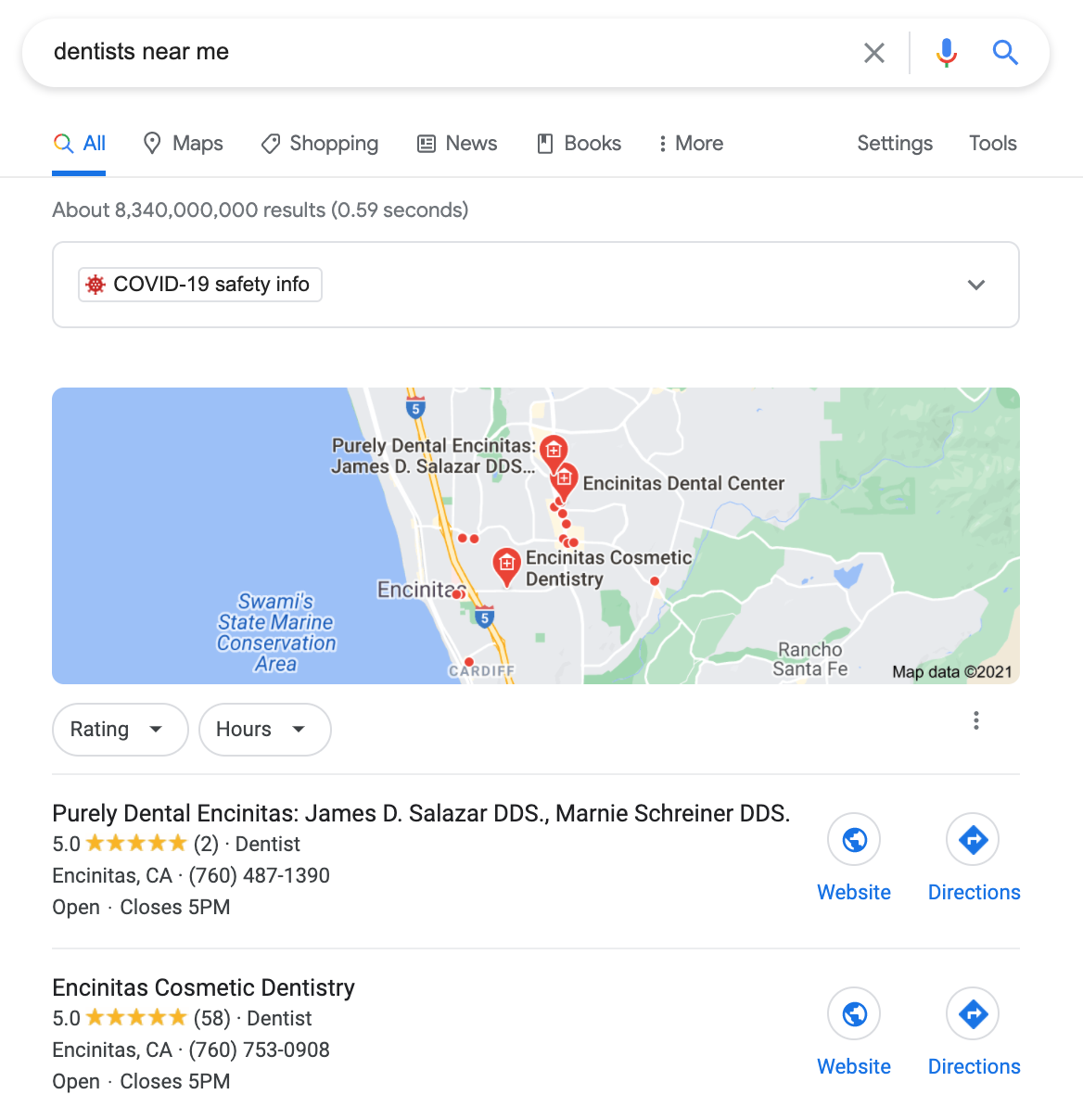 Google My Business search results for "dentists near me"