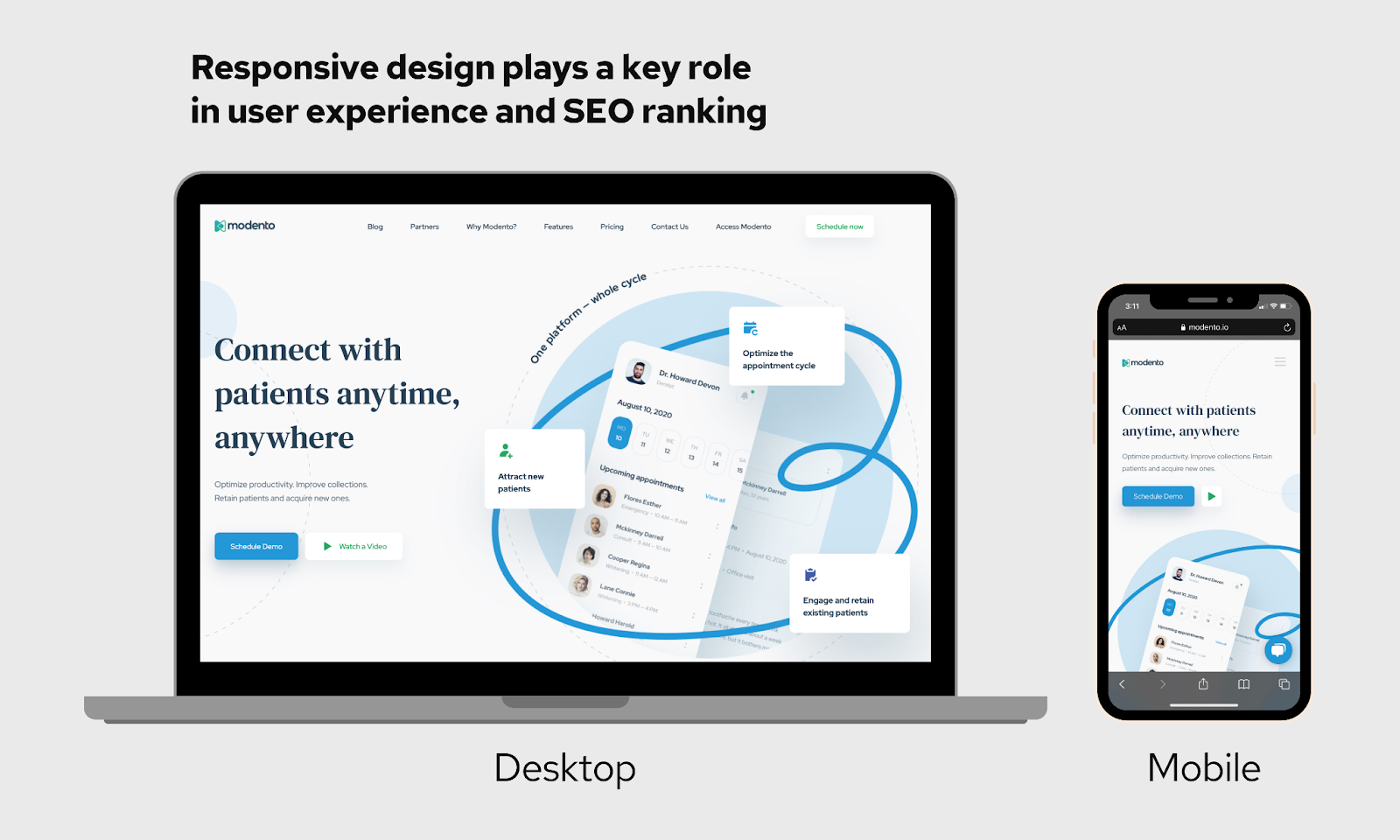Modento's website displayed on a desktop next to a mobile device to demonstrate responsive design