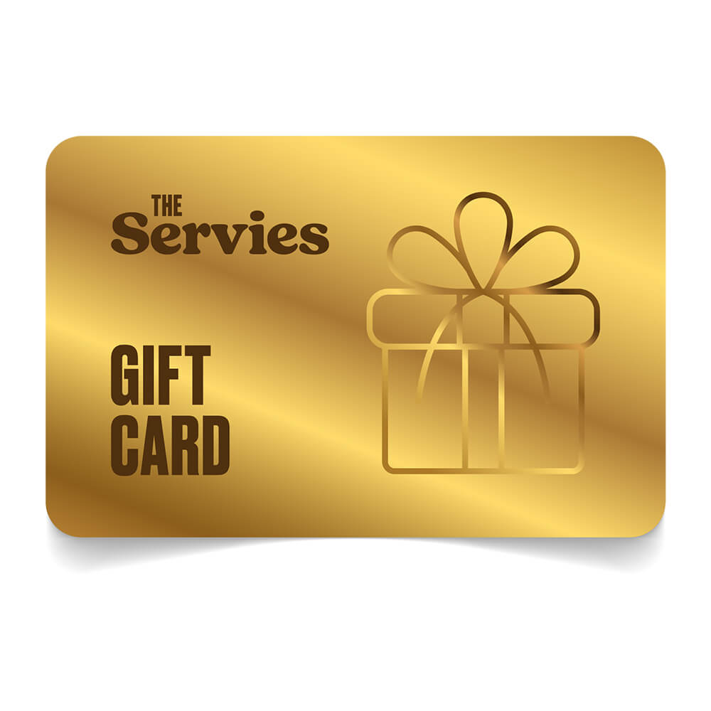 A gold gift card with the Servies logo on it