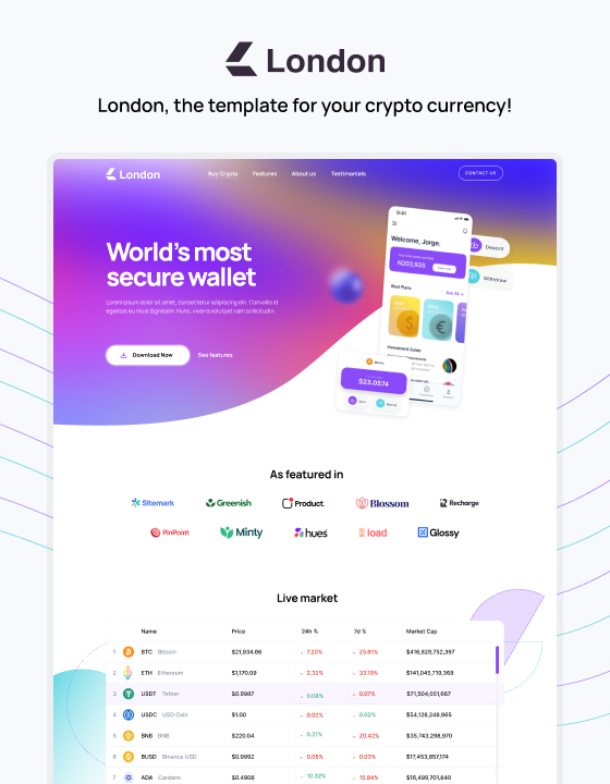 Premium Webflow-App-Template – London. Perfekt, um Ihre mobilen app mit tollen Animationen zu präsentieren, in diesem intuitiven Webflow-Template.