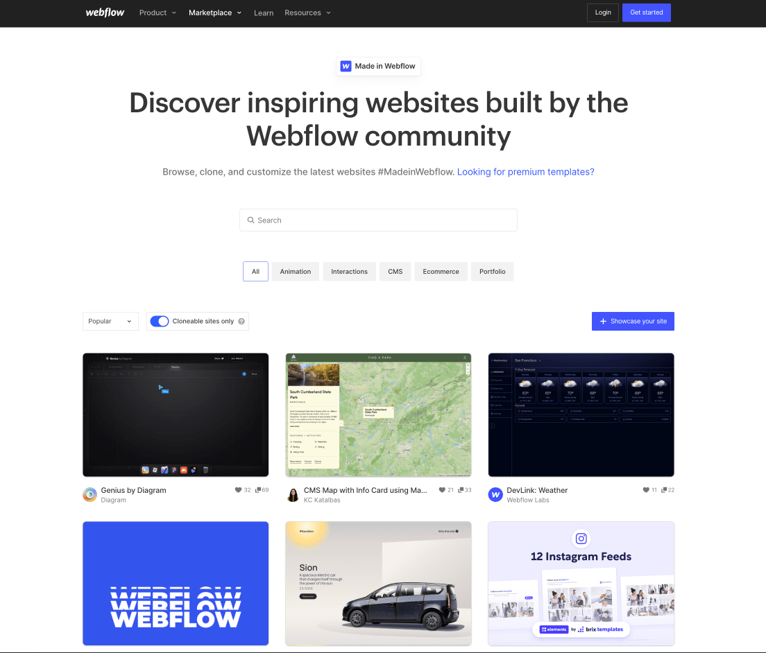 A screenshot of the Cloneable sites library in Webflow Marketplace