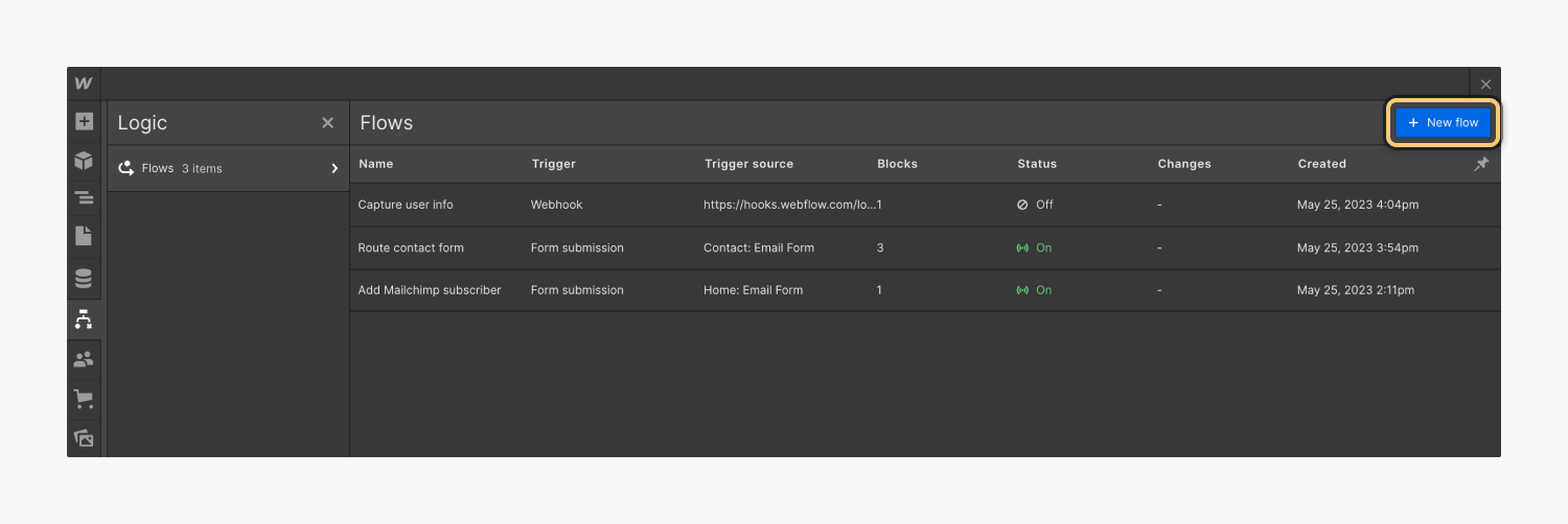 So erstellen Sie einen neuen Flow in den Webflow-Logikeinstellungen