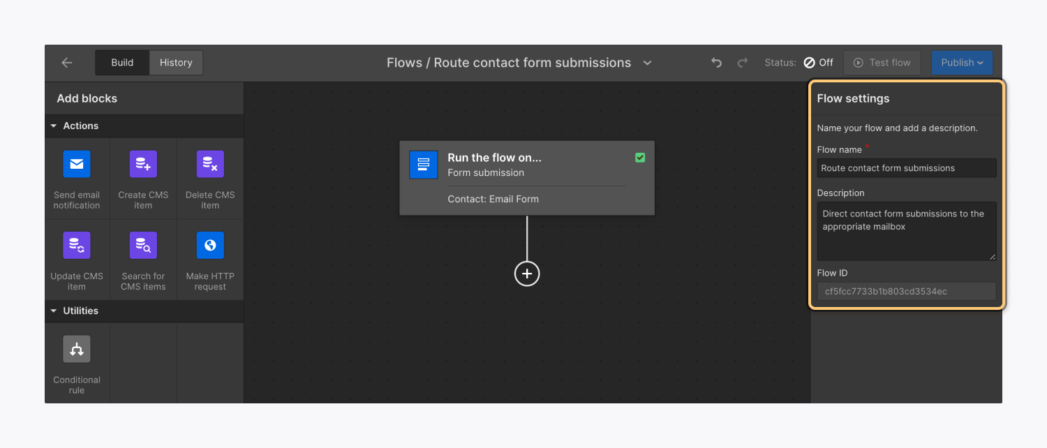 So geben Sie Ihrem erstellten Flow einen Namen – Webflow-Logik-Flow-Einstellungen