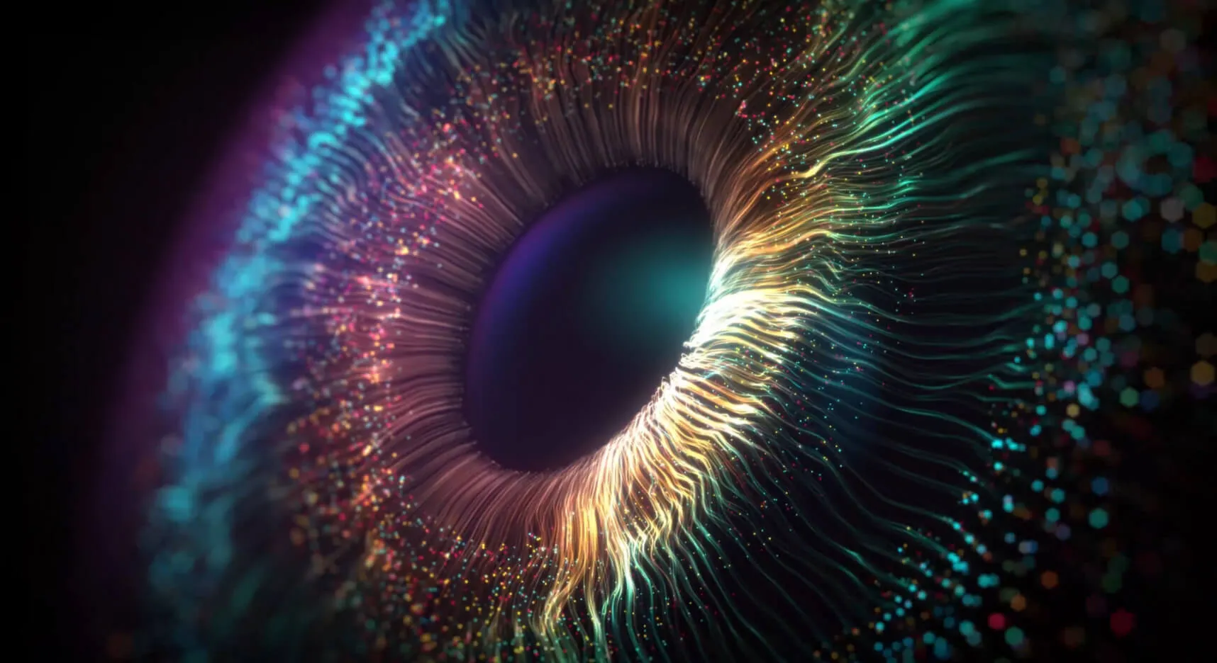 Extreme close up of an isolated pupil and its iridescent iris