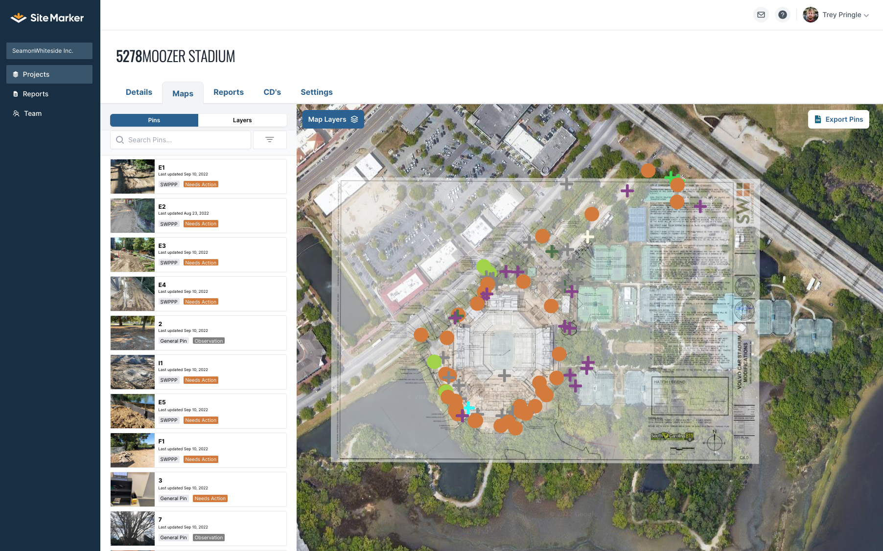 Site Marker website view of the geolocated pins on the overlaid construction document and a base map. 
