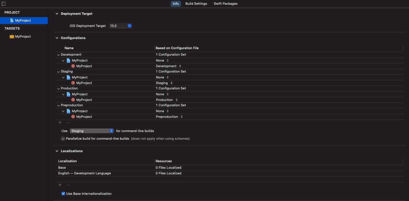 Project info with the configuration set