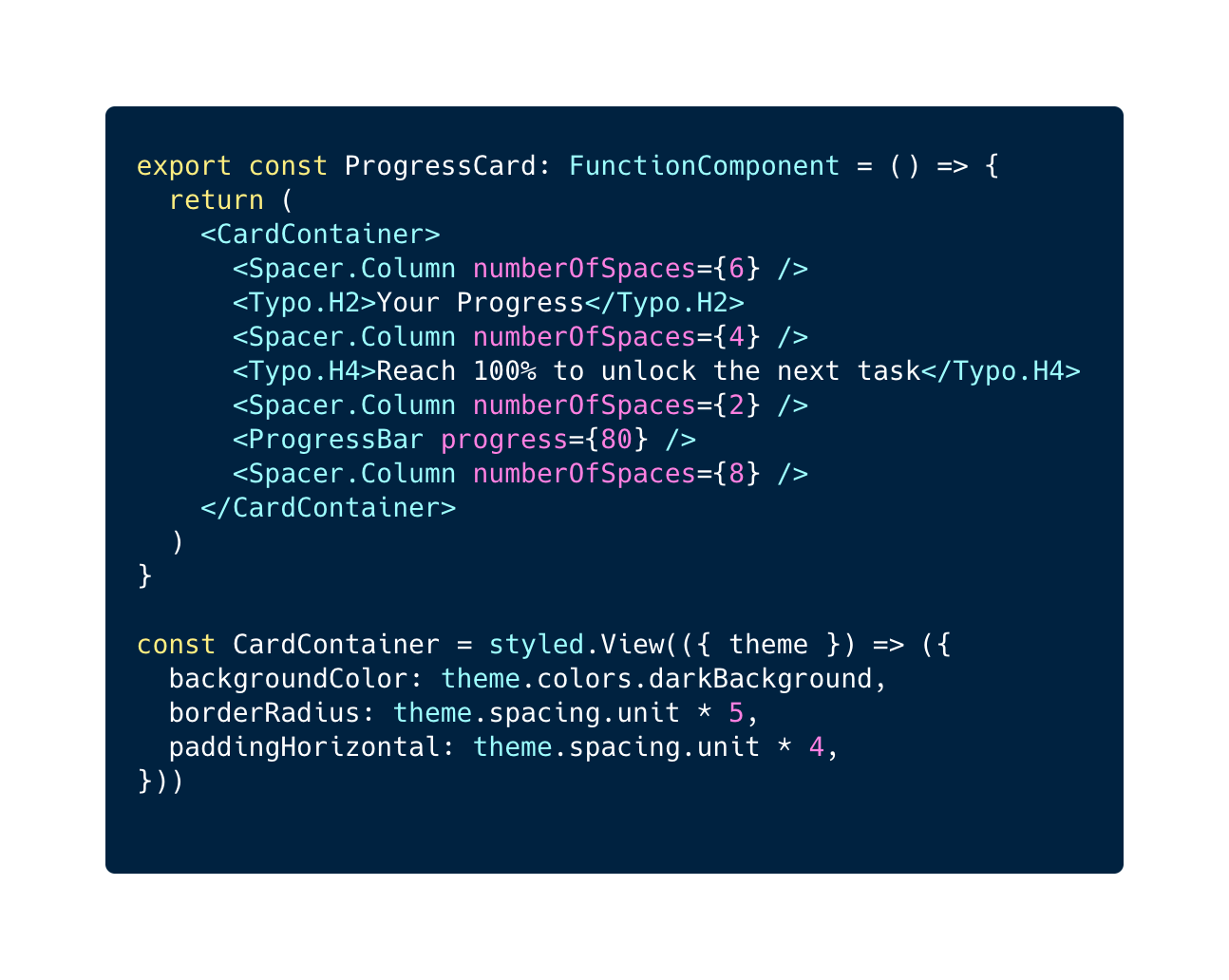 progress card code with spacer bam tech react native