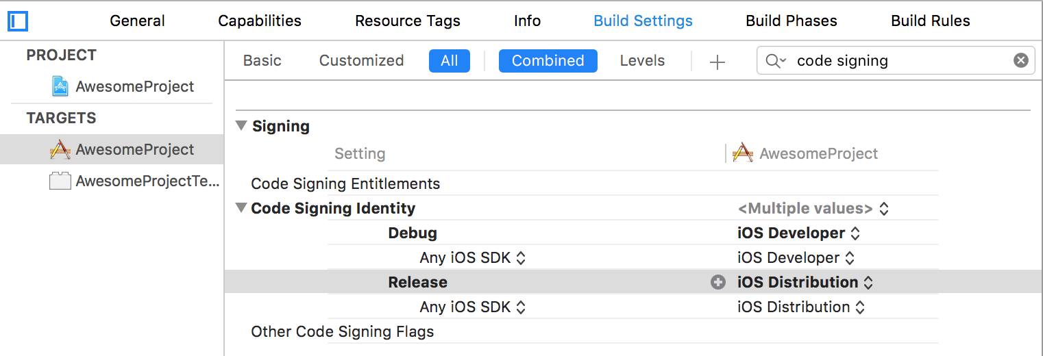 Set the right codesigning identities