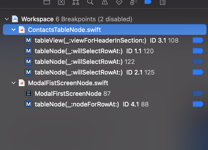 The list of breakpoints