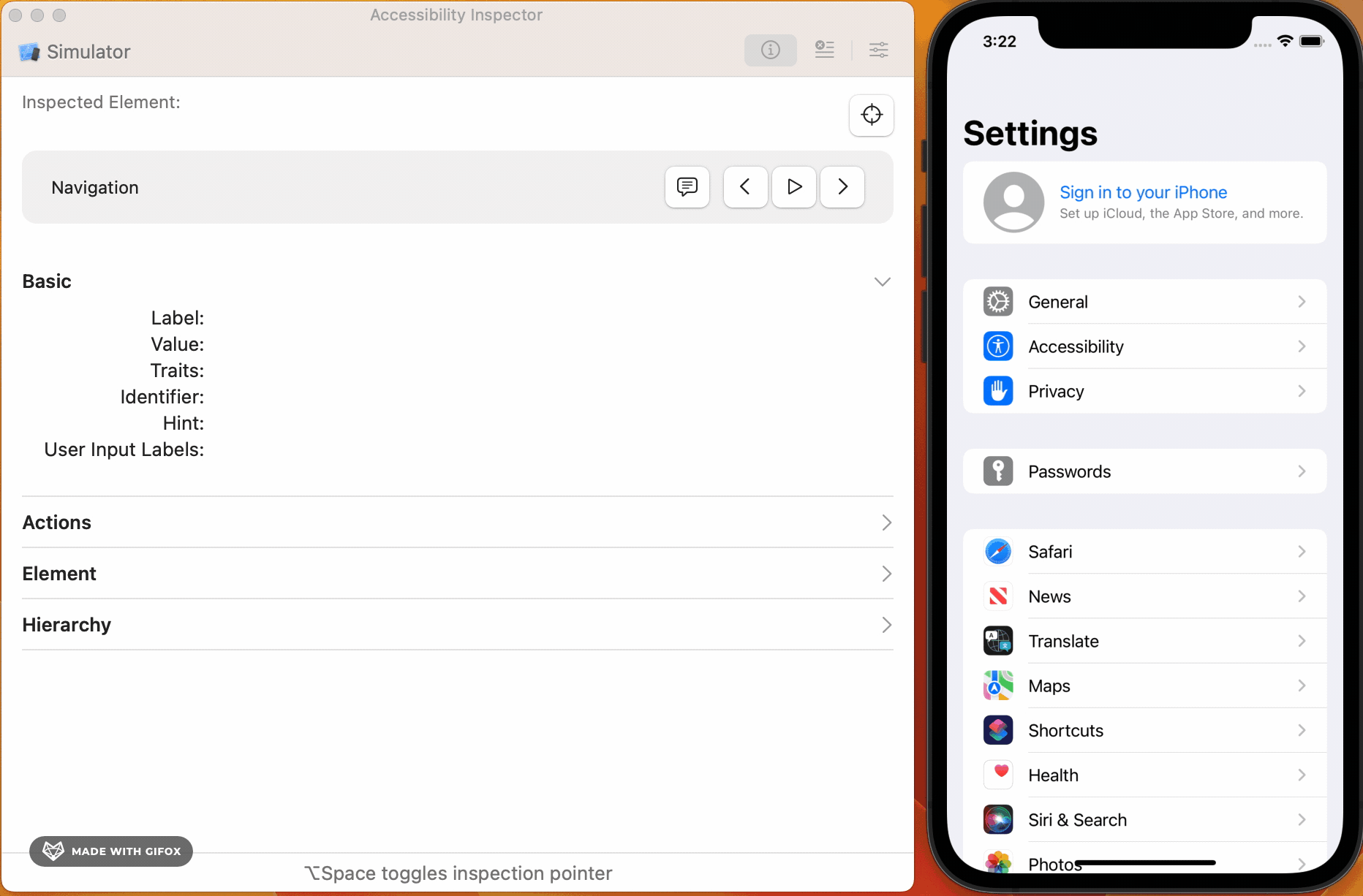 Example of usage of the Accessibility Inspector on the Settings app.