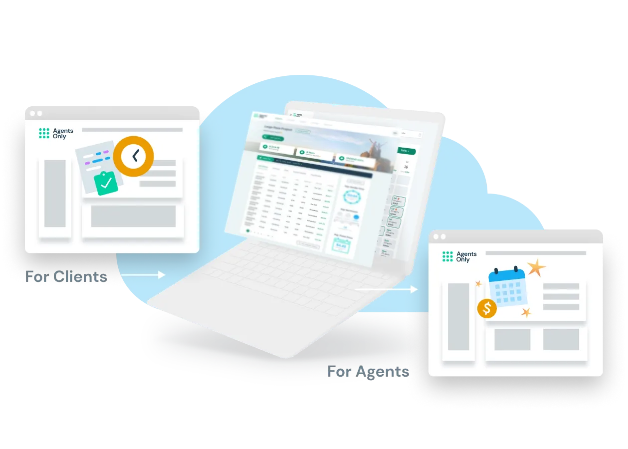 A promotional graphic from Agents Only showing two user interfaces: one for clients with icons indicating scheduling and approval processes, and the other for agents featuring a laptop with a detailed dashboard for managing work tasks, schedules, and earnings.