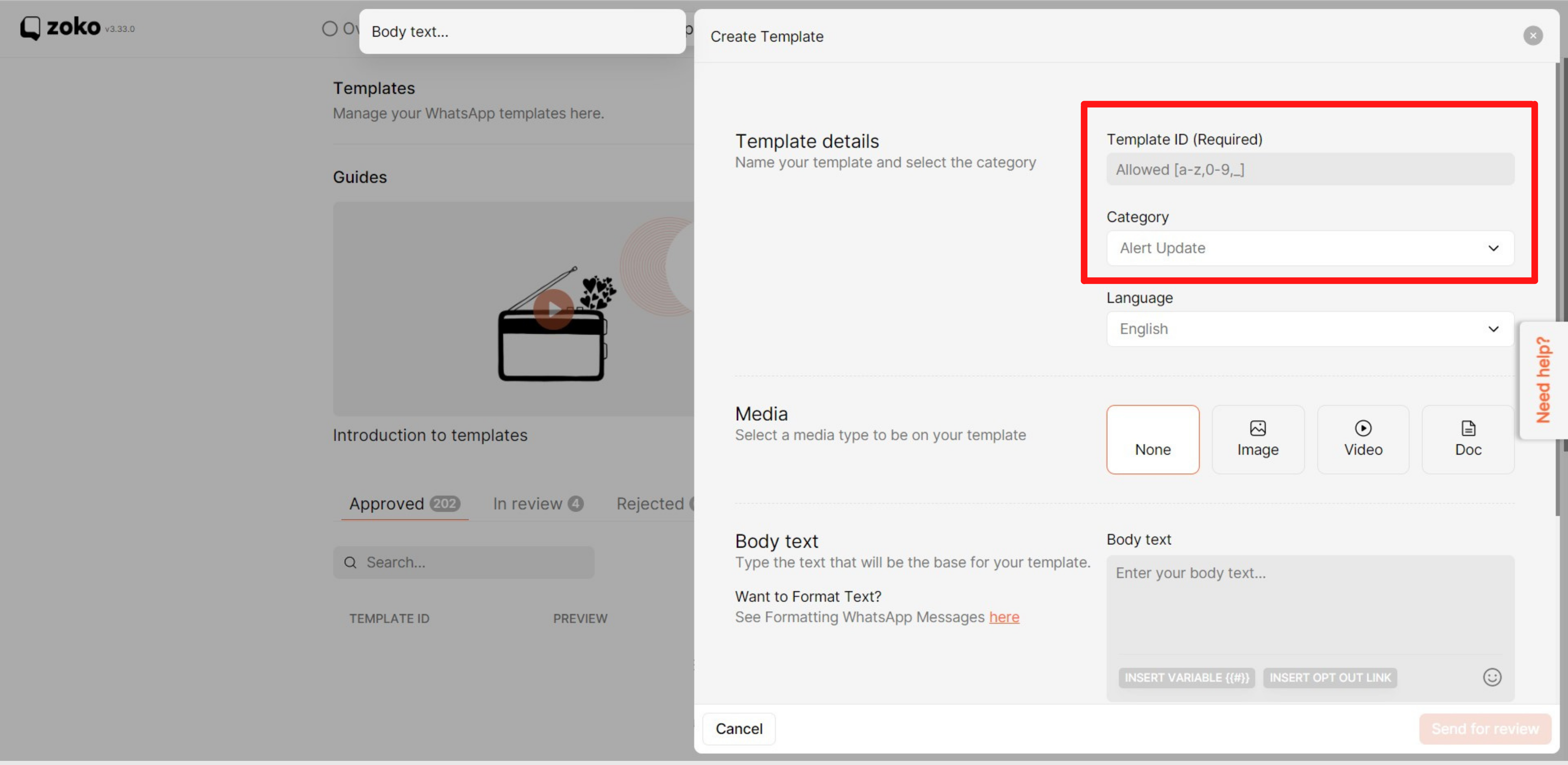 Template ID and Category