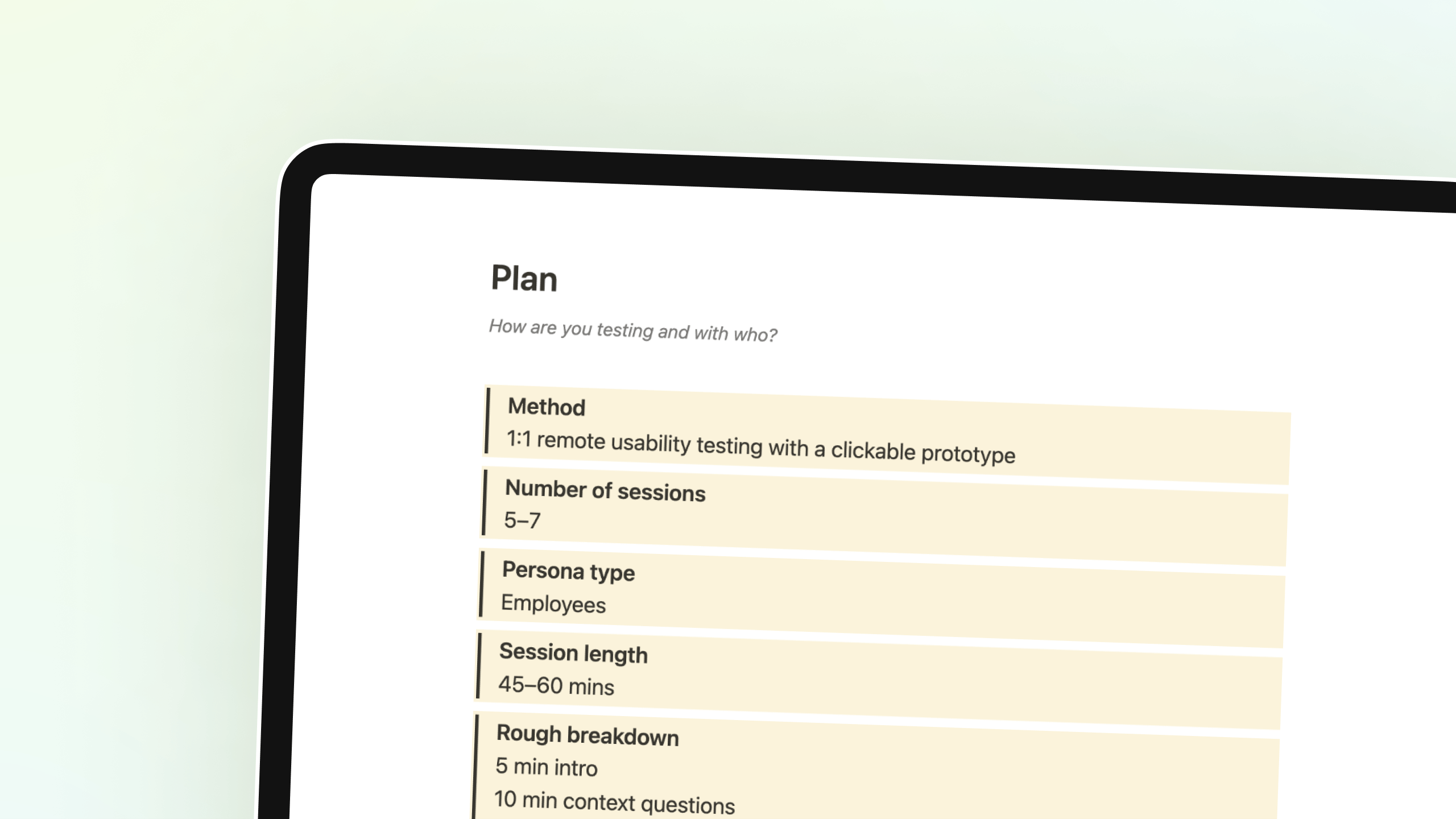 User testing plan and script template in Notion, made by Bryn Taylor