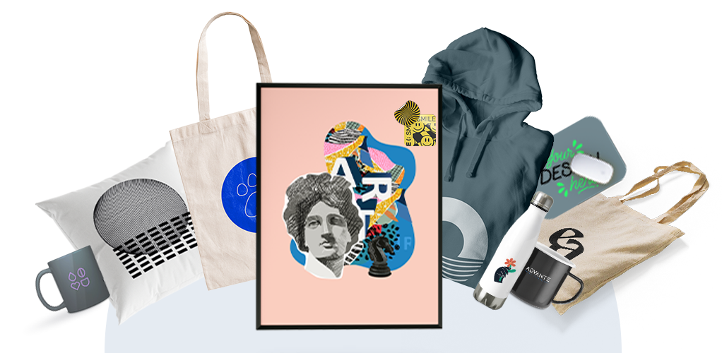 white pillow with design, beige tote bag with blue paw print, light pink colorful poster in black thin frame, green soft hoodie, white reusable bottle , black mug, custom design mousepad