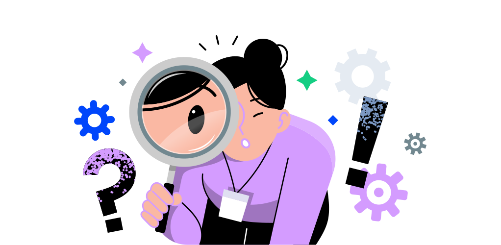 lady in a purple shirt with a magnifying glass curiously looking at something new