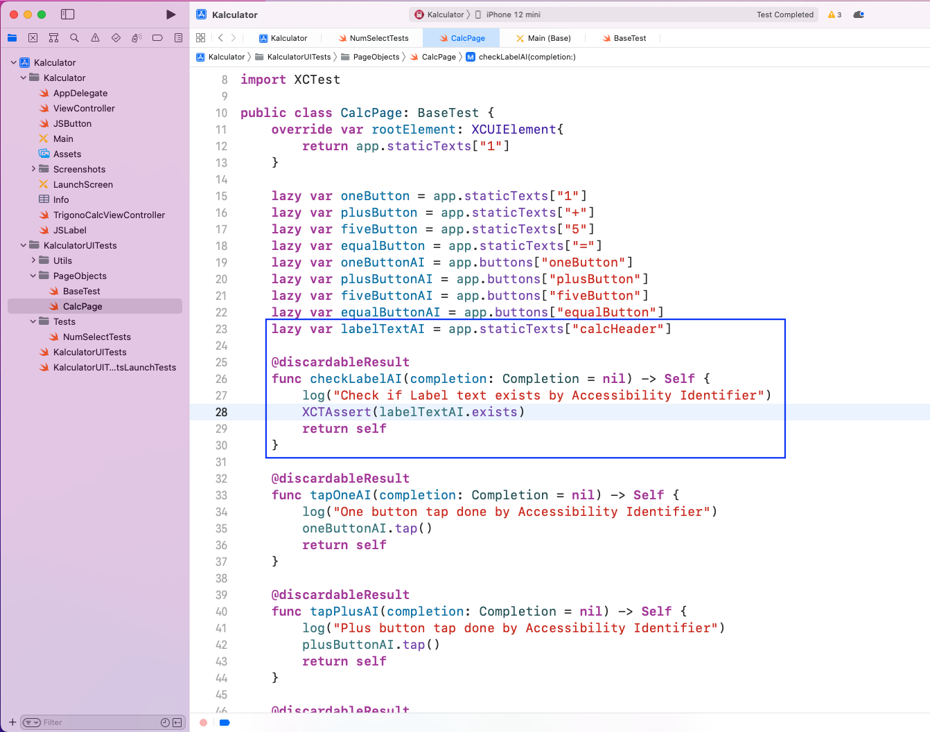 Notice that here, we're using the XCTAssert() function to test whether that label exists.