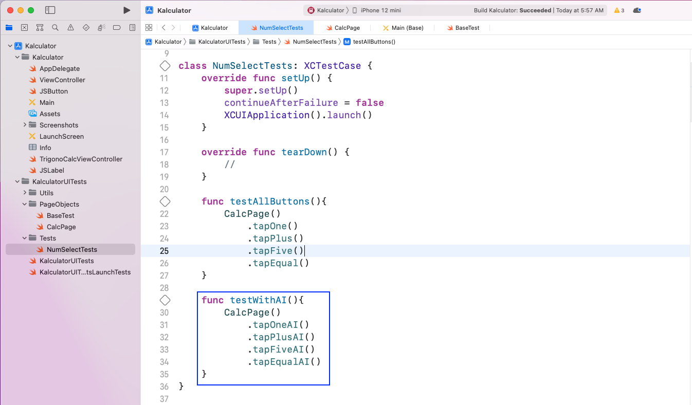  in the NumSelectTests file, we've created a new function of testWithAI(). 