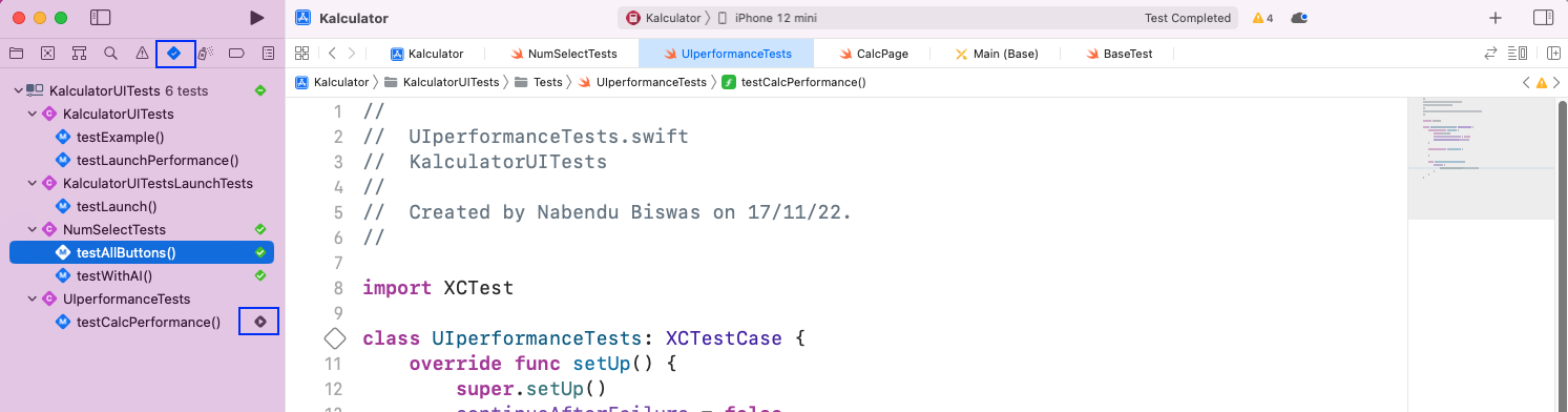 Now, we'll run this new test case of testCalcPerformance() from the test tab.