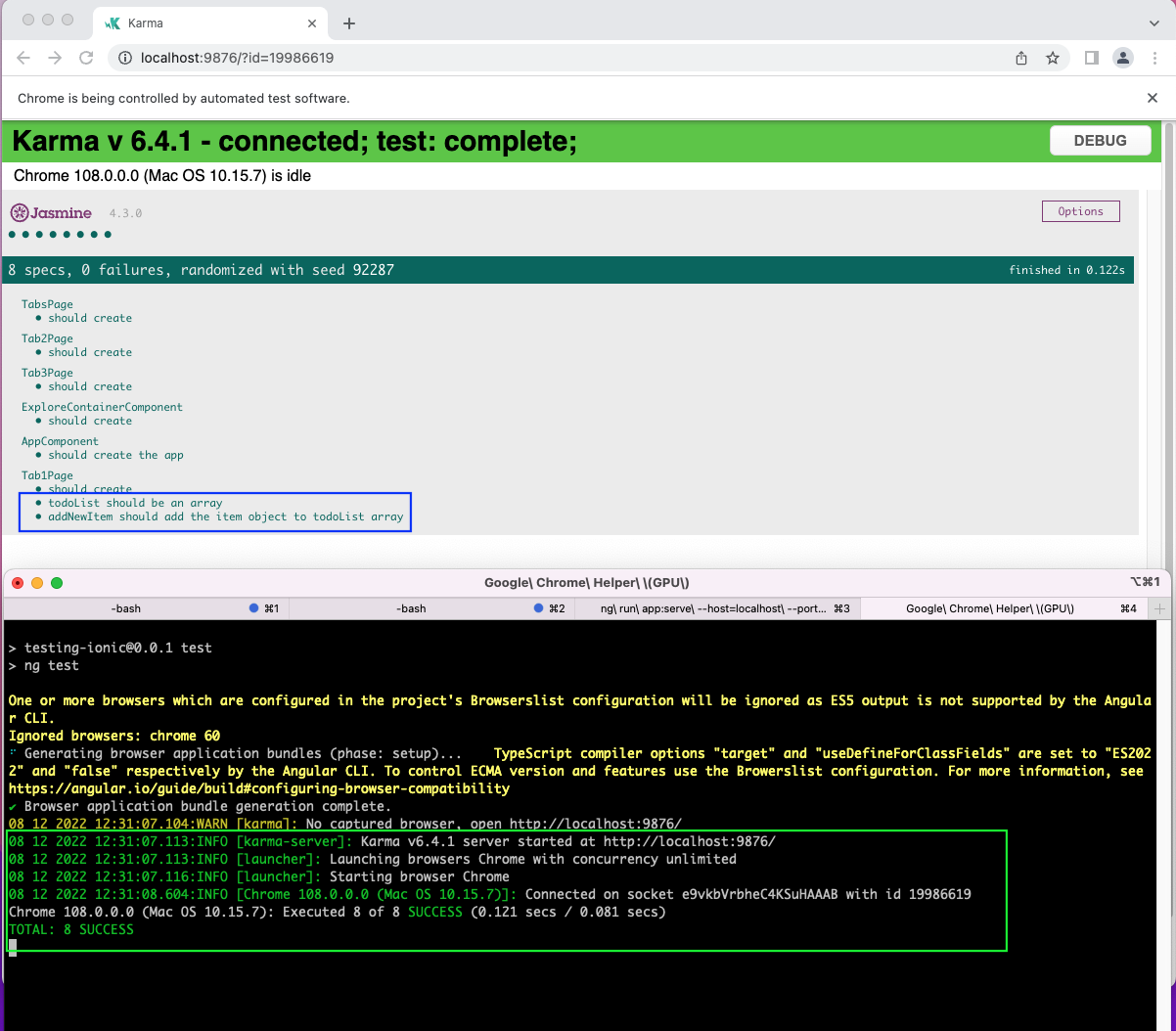 Since our test was already running because of the ng test command, we got the updated result