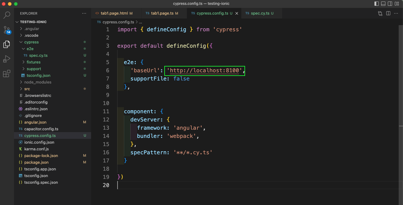 In the cypress.config.ts file, update the baseUrl to point to 8100