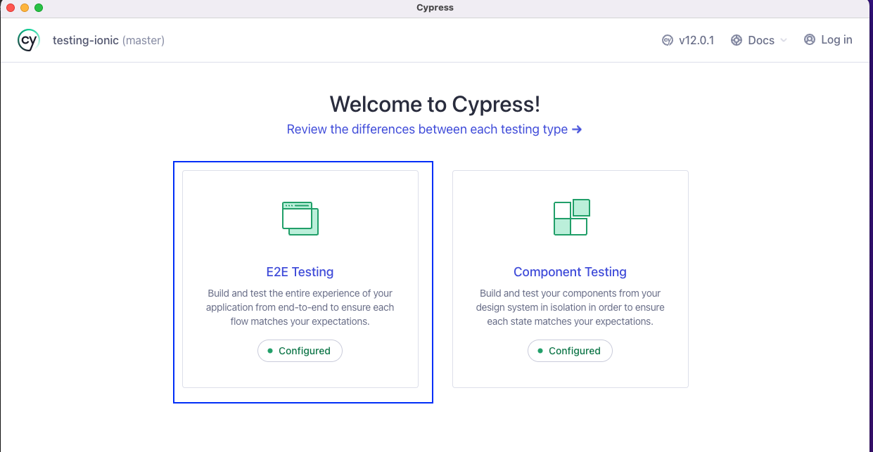 In the next window, select E2E testing.