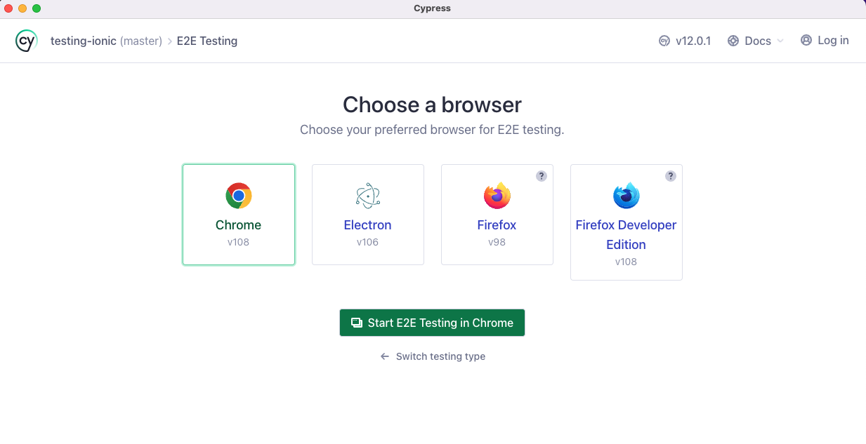 Click the button Start E2E Testing in Chrome.