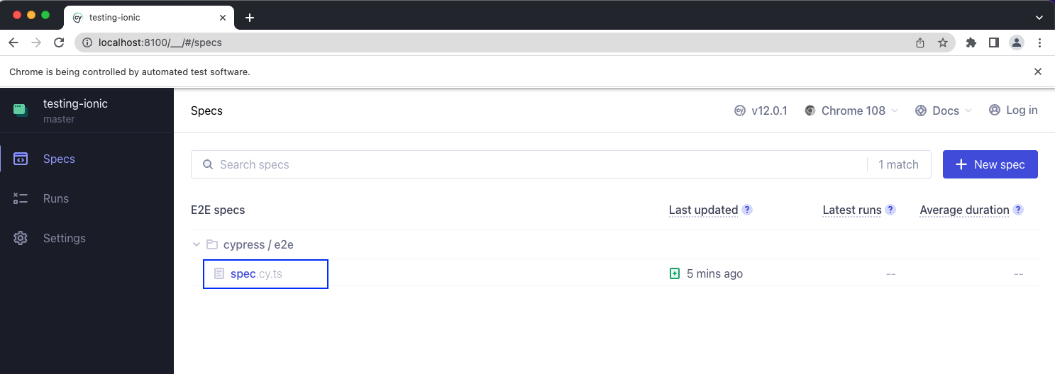 In the next window, click on the spec.cy.ts file to start our Cypress testing.