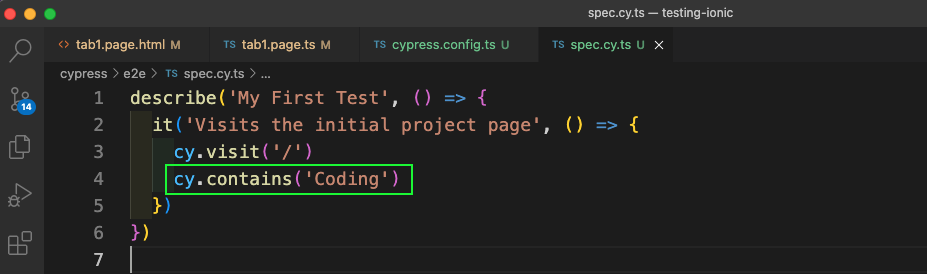 Now, open the spec.cy.ts file inside the cypress > e2e folder