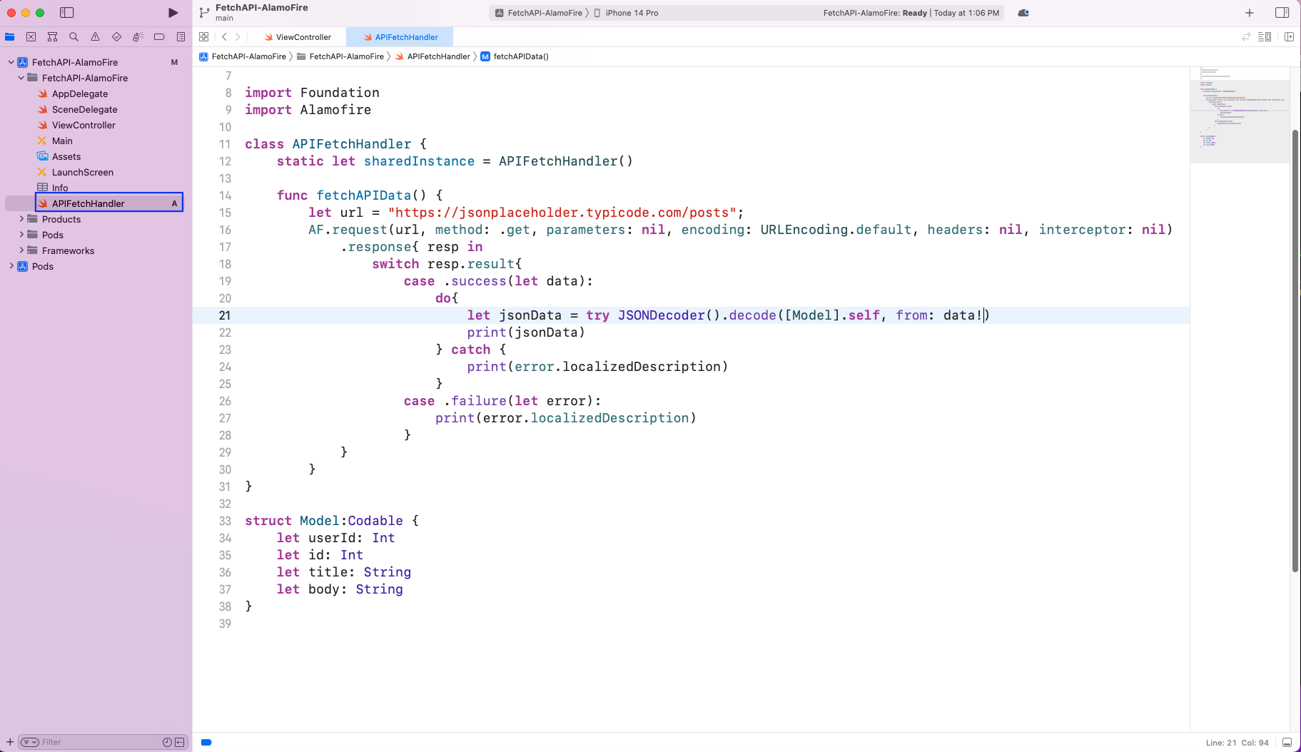 Next, we have a fetchAPIData() function for which we're using the AF.request() method to do an API call to the famous JSON placeholder endpoint.