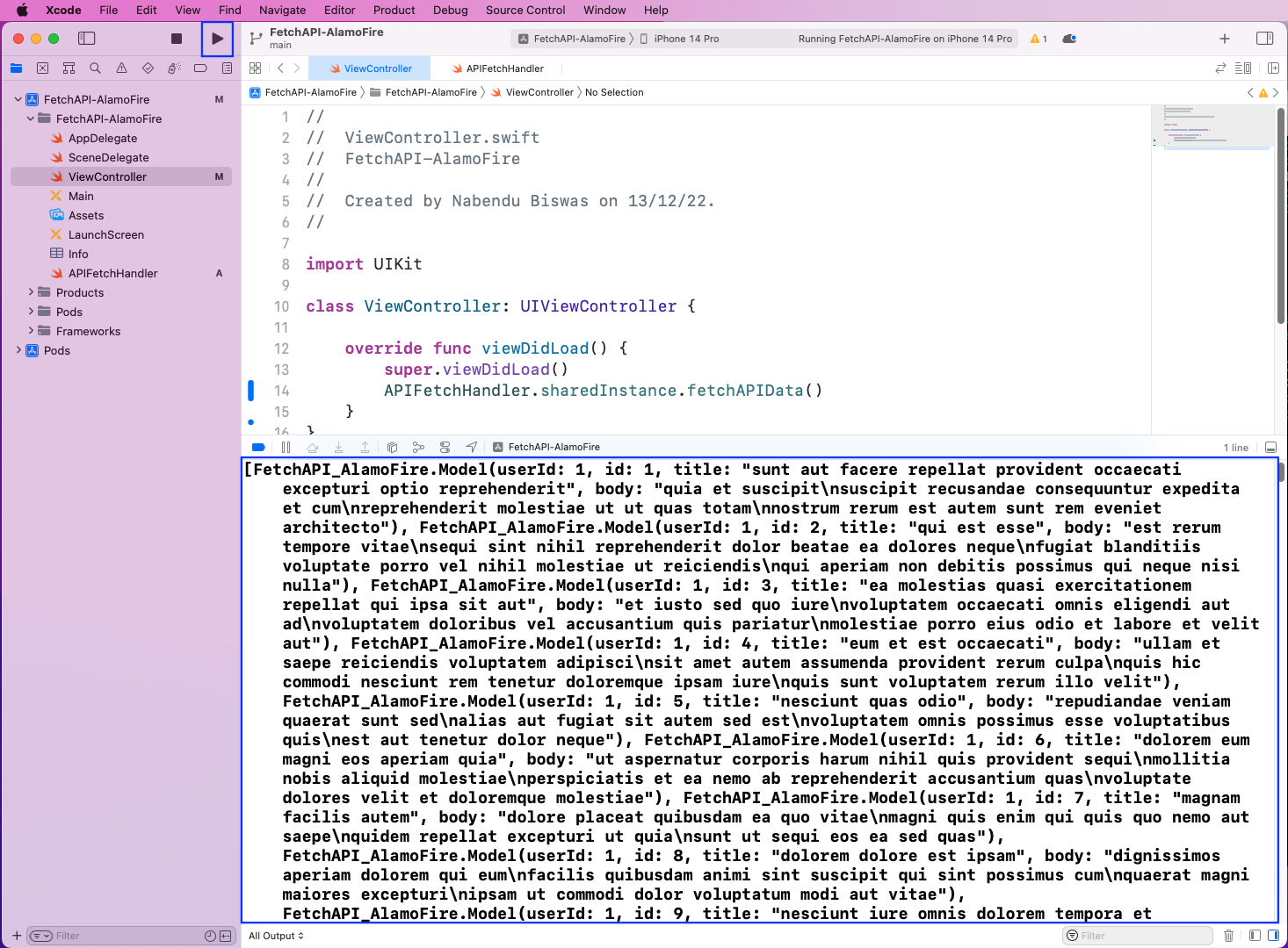 Then, upon running our app, we'll get the data from the API endpoint printed in the console.