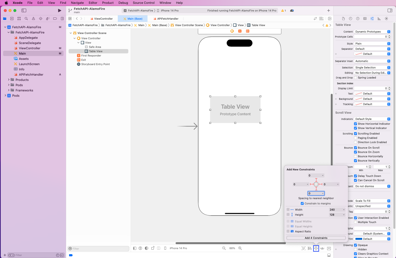 we'll expand the Table View by clicking on Add a New Constraint.