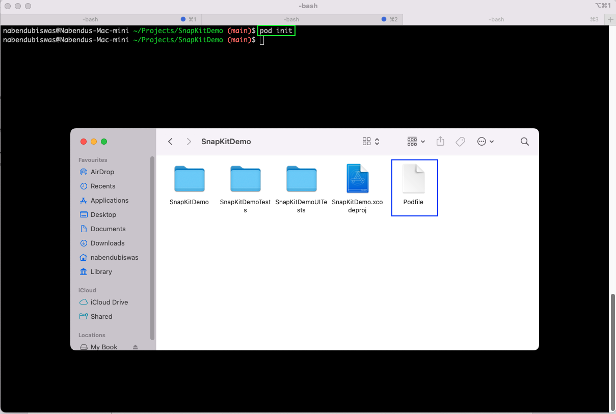 In the terminal, from the project directory, run the pod init command.