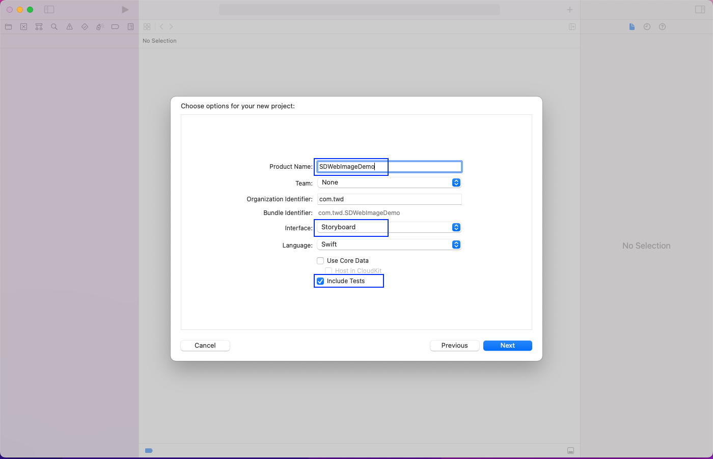 Highlights "Product Name: SDWebImageDemo", "Interface: Storyboard", "Include Tests" is selected