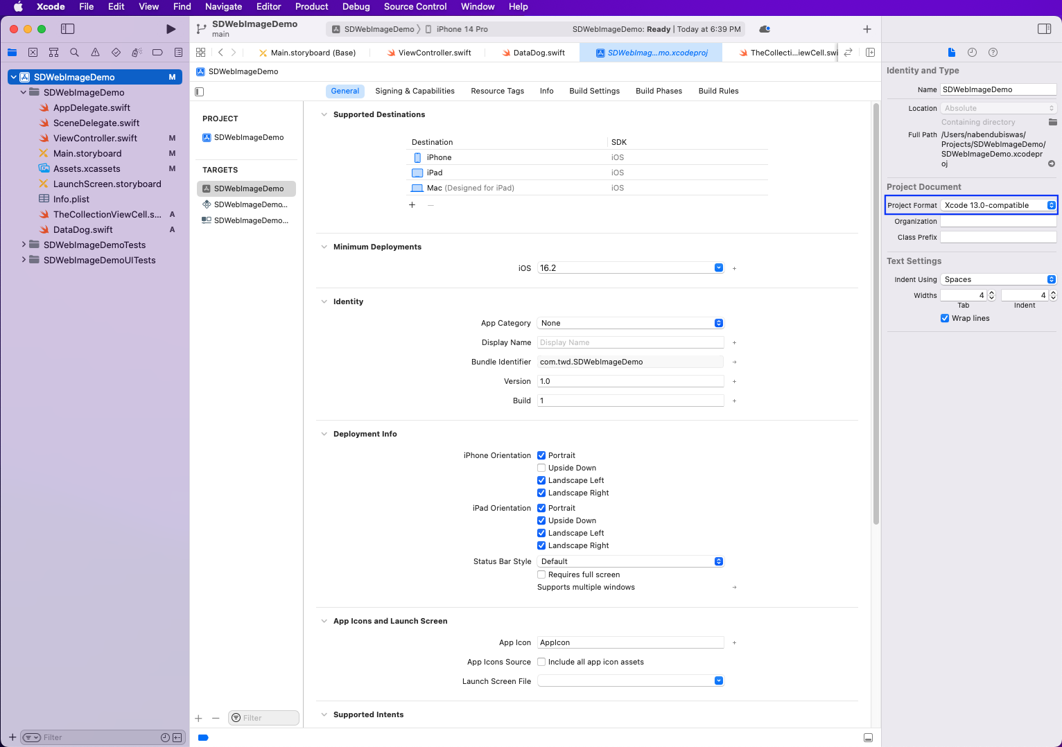 highlights "Project Format: Xcode 13.0-compatible"